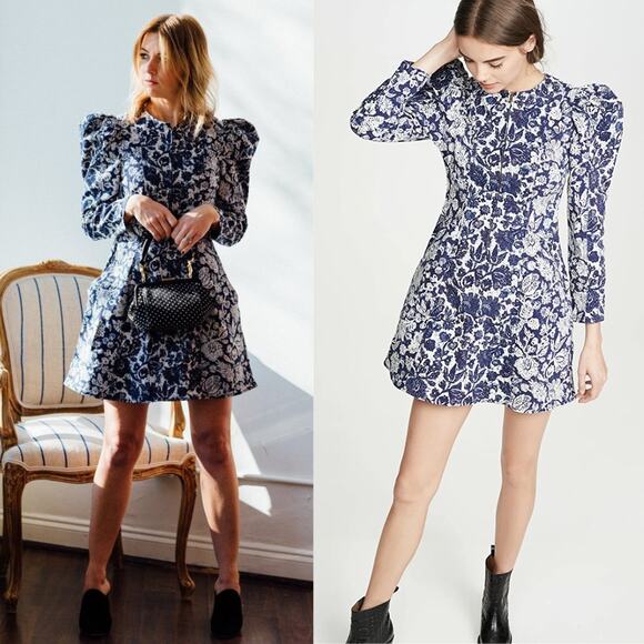 Ulla Johnson Dress Mini Western Wren Denim Puff Long Sleeve Blue Floral US 8 - Picture 3 of 15